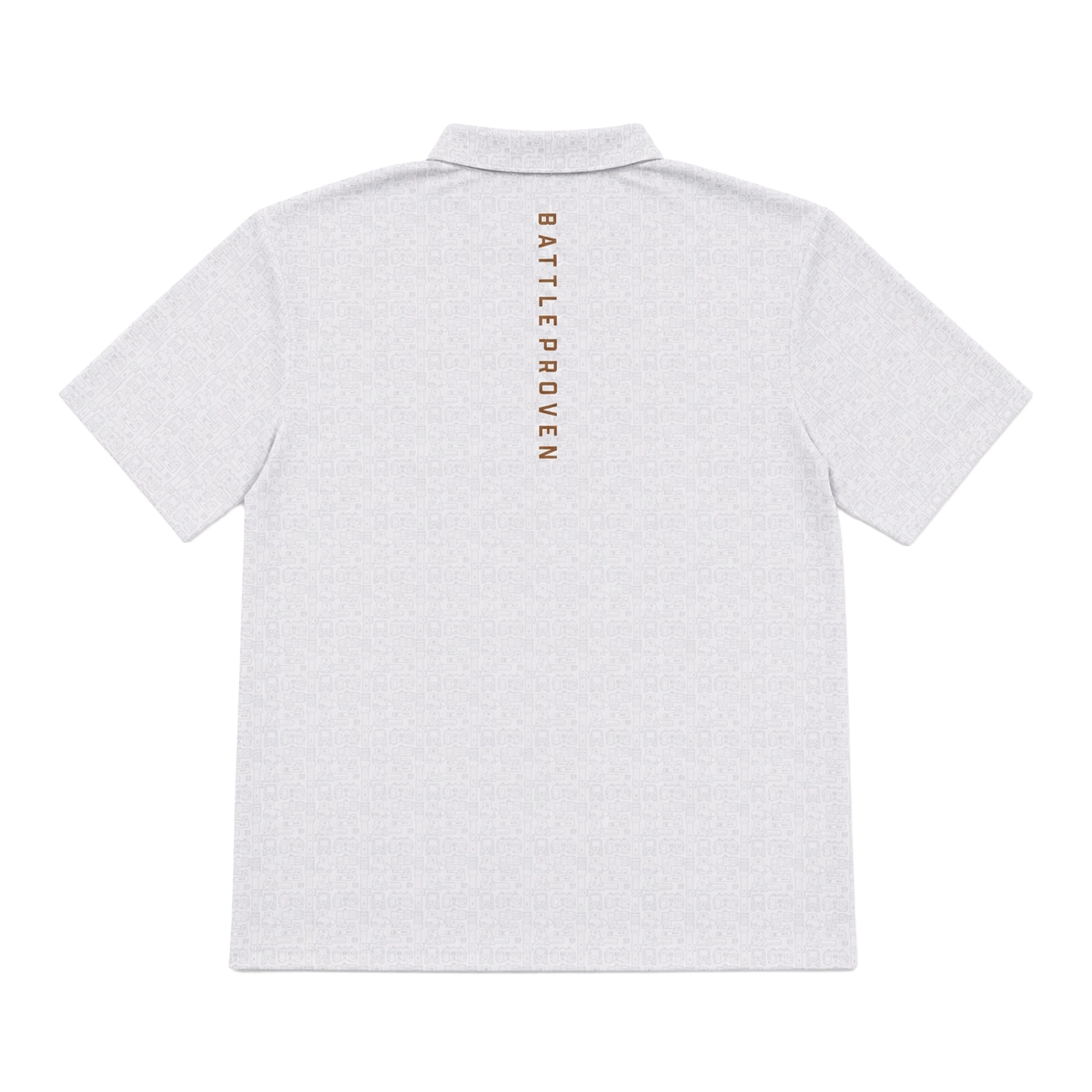 A light EOTECH short-sleeve polo shirt shown from the back, featuring 'BATTLE PROVEN' printed vertically in brown on the upper back.