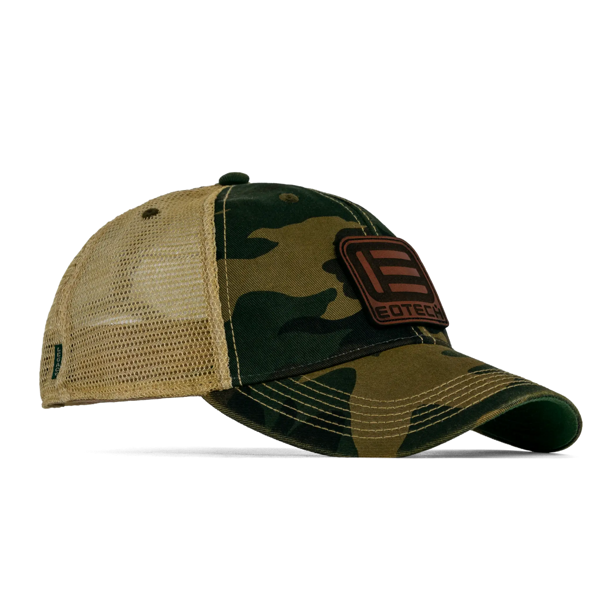 A camouflage trucker hat with tan mesh back panels and a brown leather patch on the front displaying the EDTOGA brand logo.