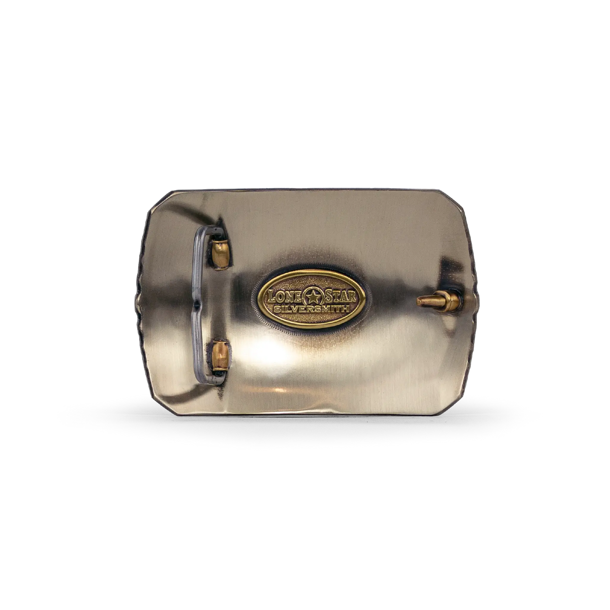 A gold-finished metal belt buckle with a central oval emblem reading 'Lone Star Silversmith', shown on a plain white background.