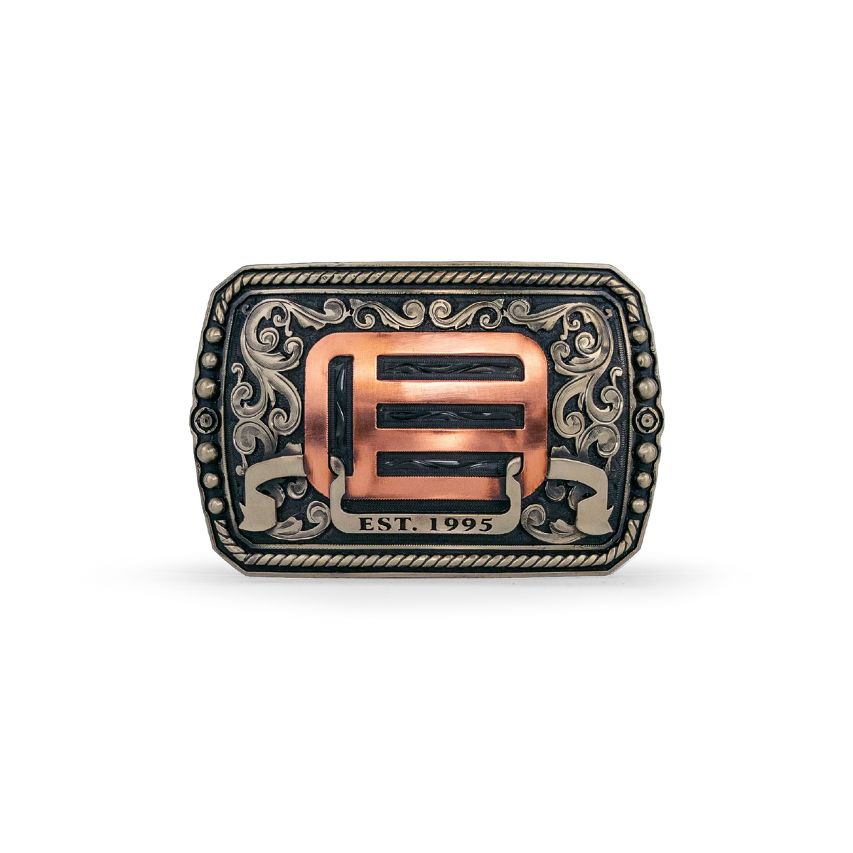 An ornate western-style belt buckle with gold-toned metal edges, and copper-toned EOTECH logo and scrollwork on a white background.