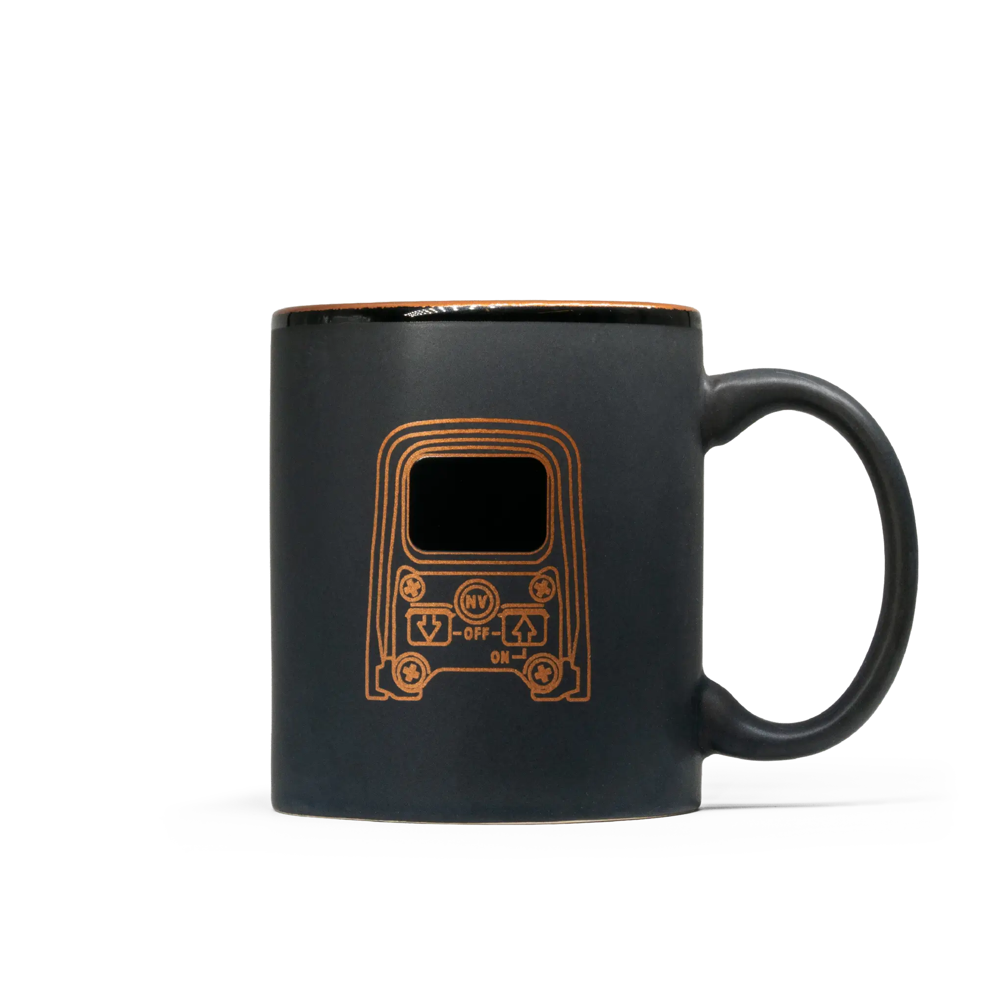Black mug with a brown outline of a HWS design on a white background