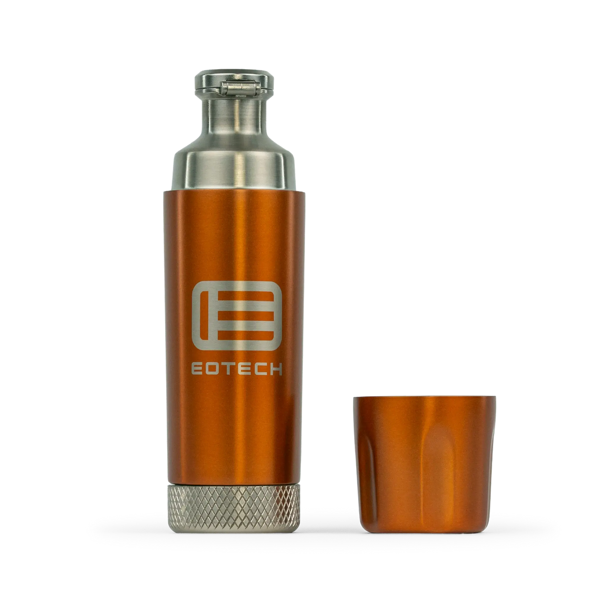 An EOTECH metallic copper flask with a silver stainless steel mouthpiece and base, shown next to its matching copper lid on a white background.