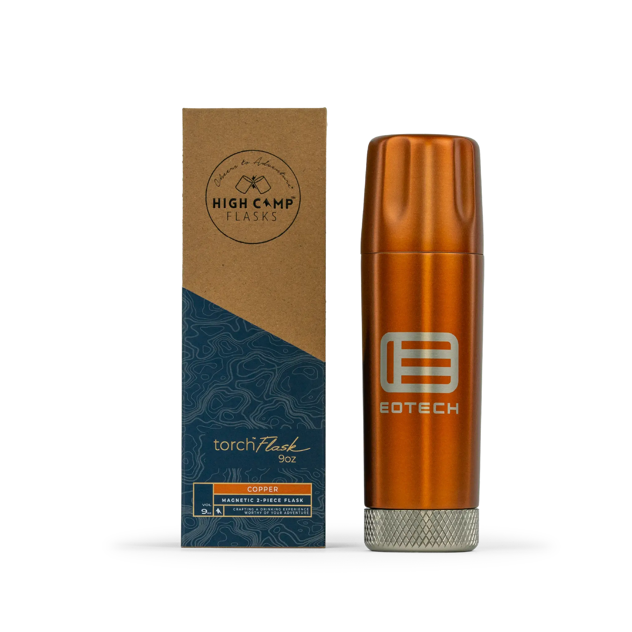 High Camp Flask box next to copper flask with EOTECH logo on it