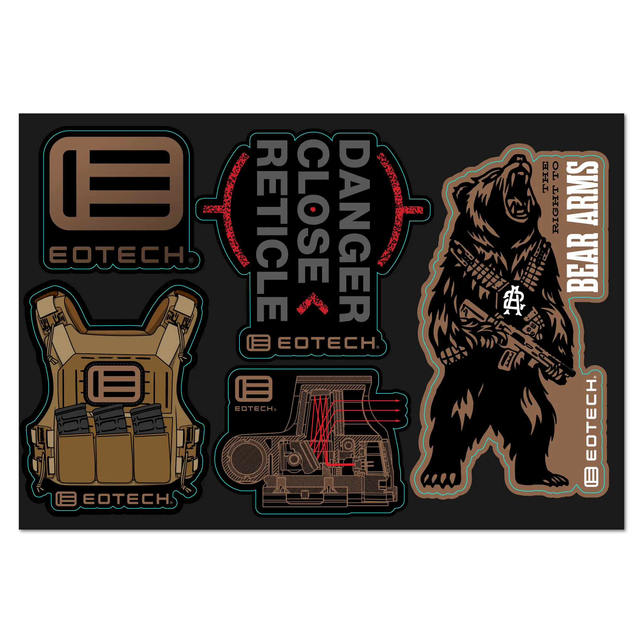 EOTECH sticker pack featuring tactical graphics, bear illustration, and optics designs