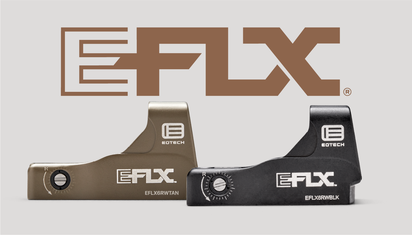 EOTECH EFLX red dot optic black and tan on grey background.