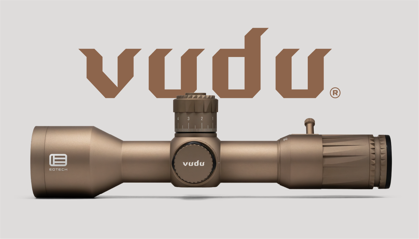 Tan EOTECH Vudu rifle scope on a light gray background