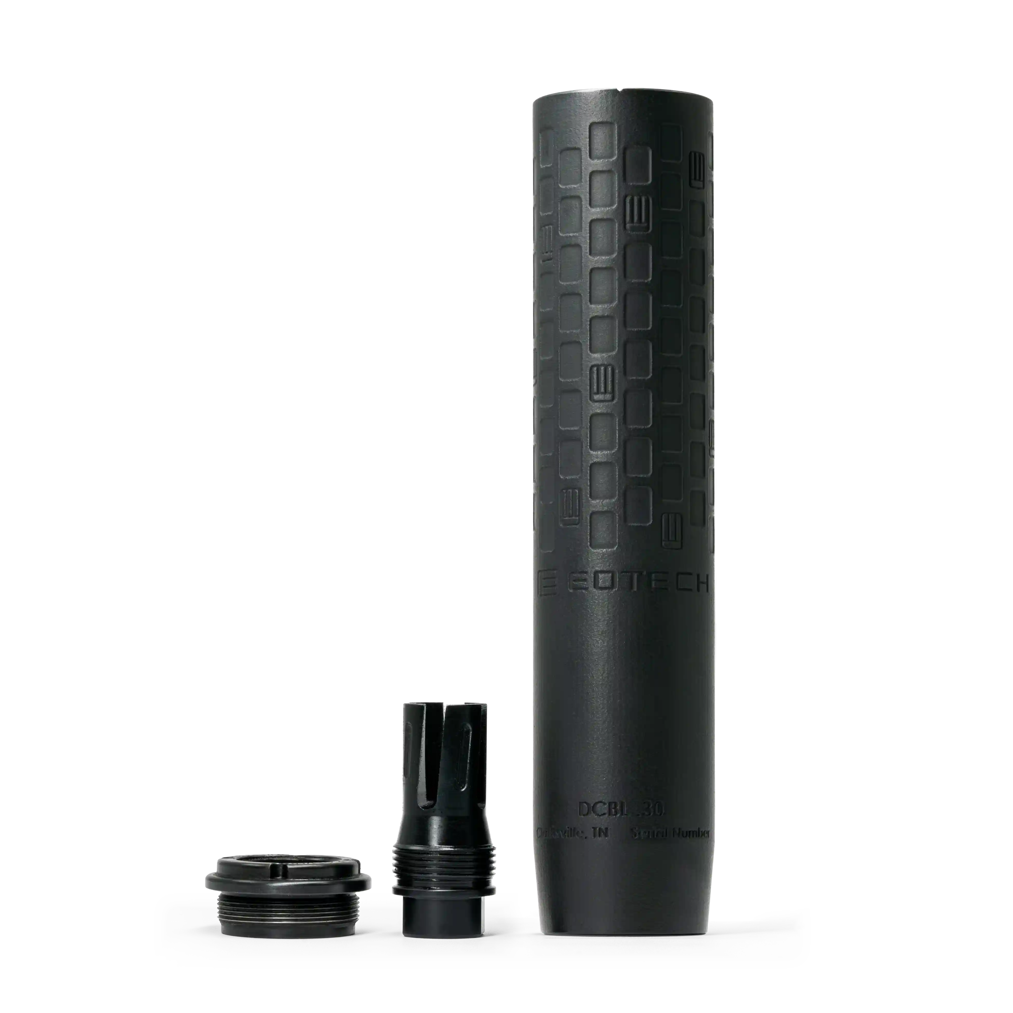 Black DCBL EOTECH Suppressor with attachments on a white background