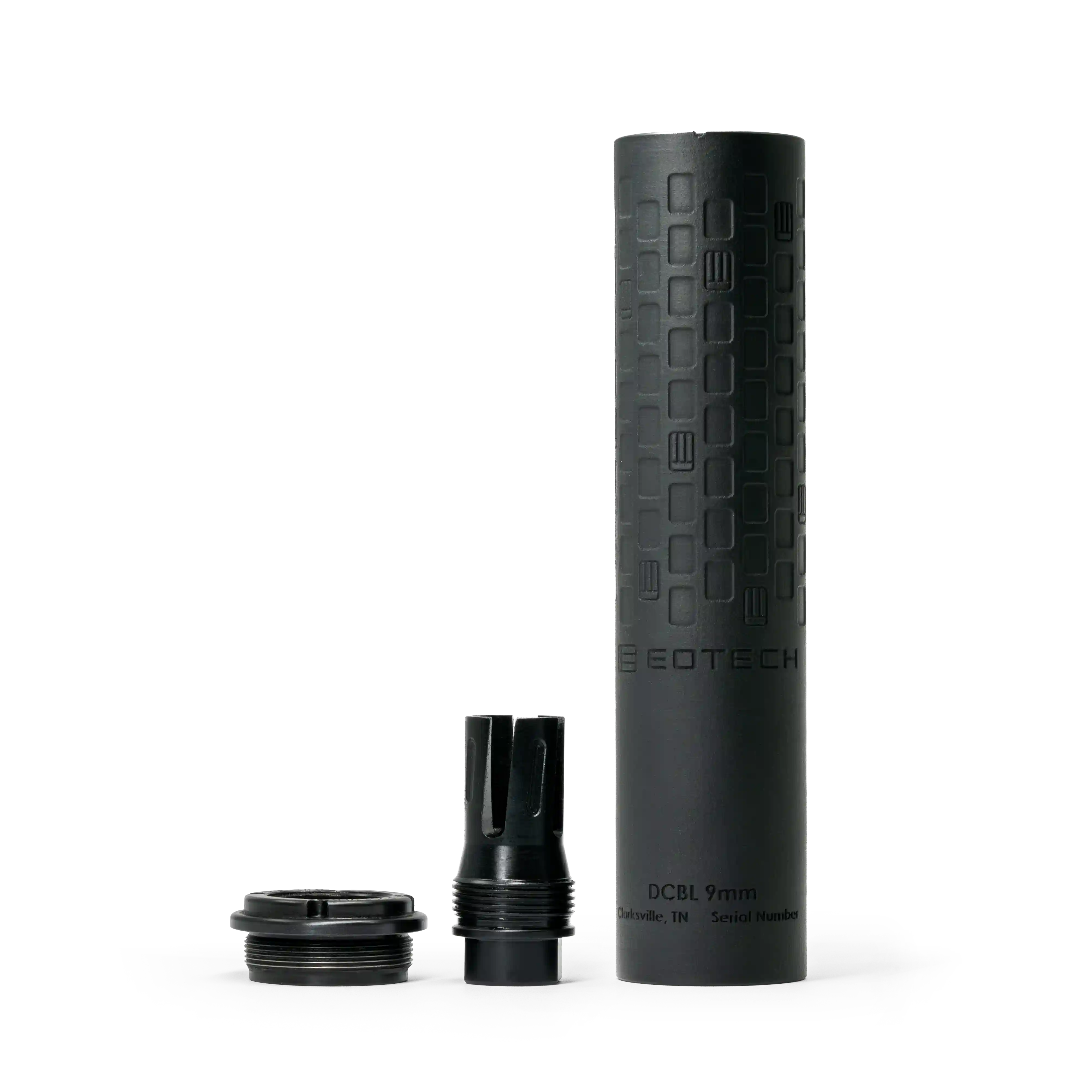 Black DCBL EOTECH Suppressor with attachments on a white background