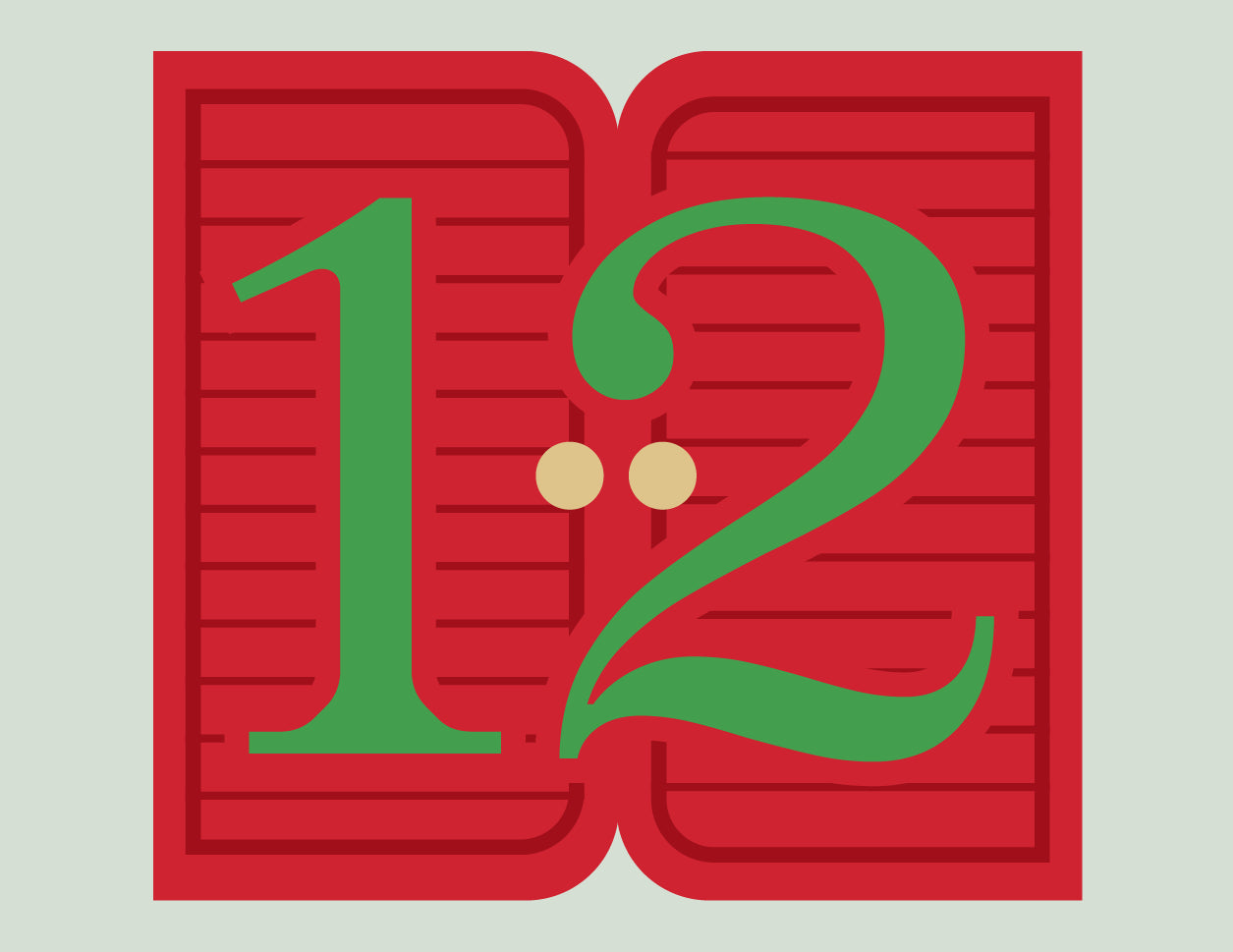 Red advent calendar with green number '12' on a light gray background