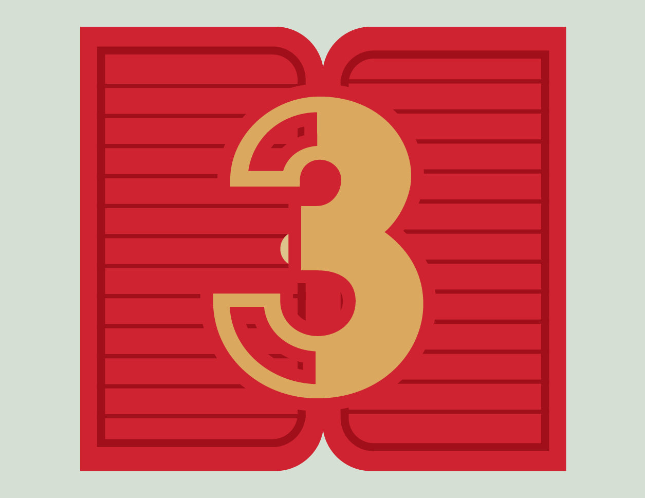 Gold number '3' on a red background