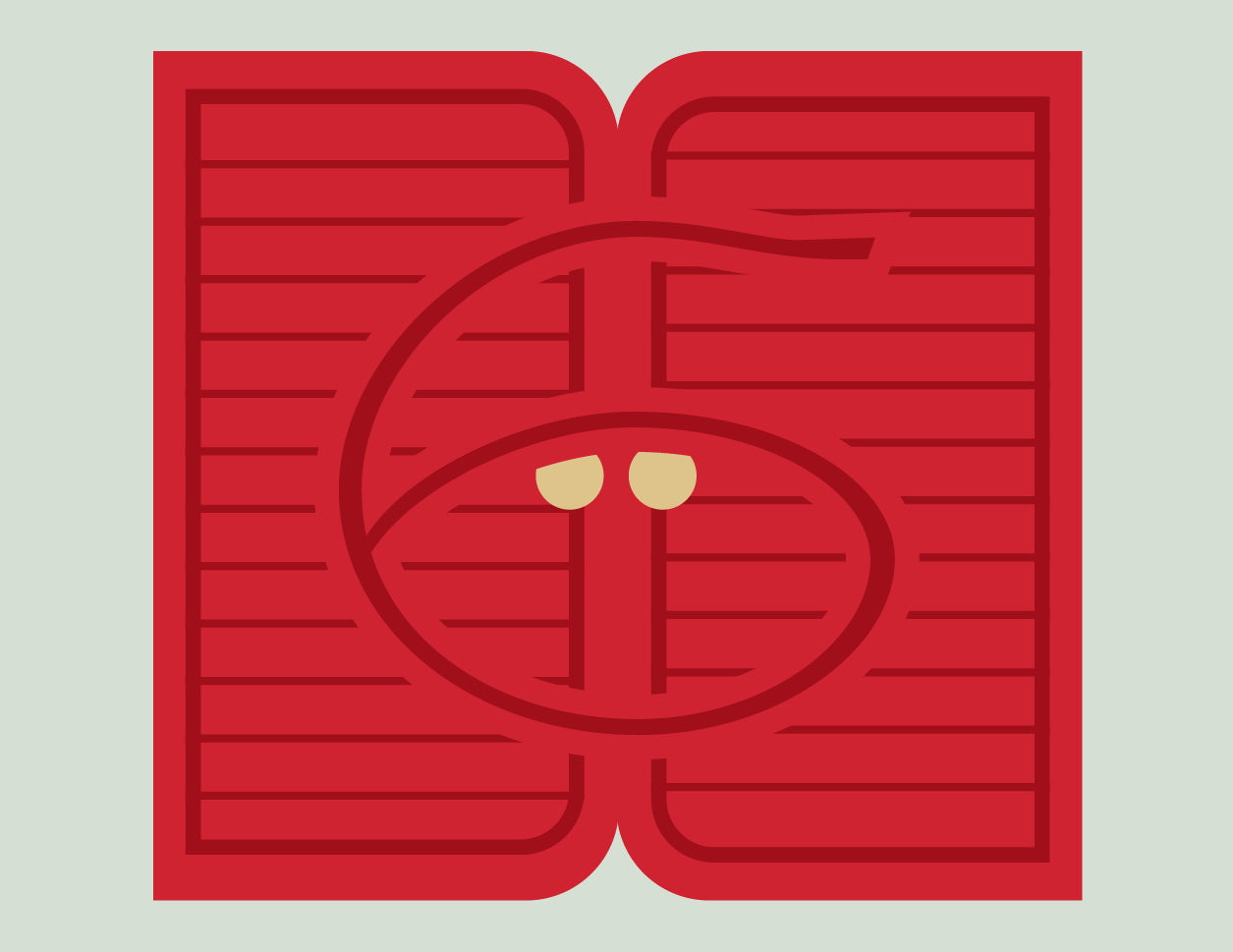 Red square with a central circular design and two yellow elements on a light gray background