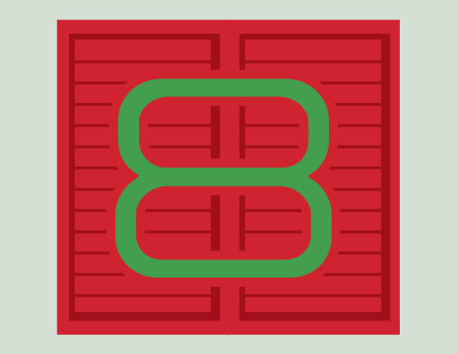 Red background with green number '8' in a square frame