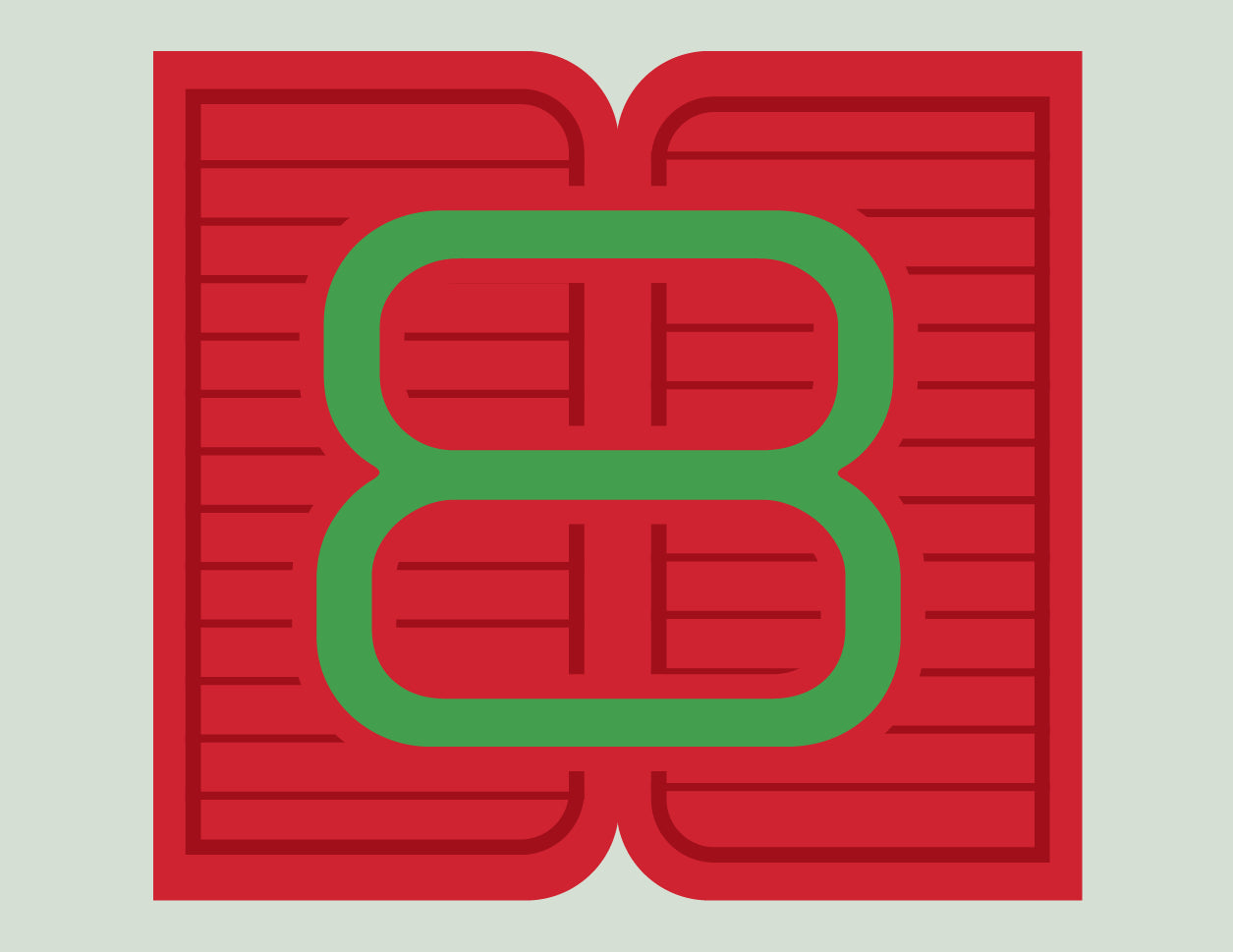 Red background with green number '8' in a square frame