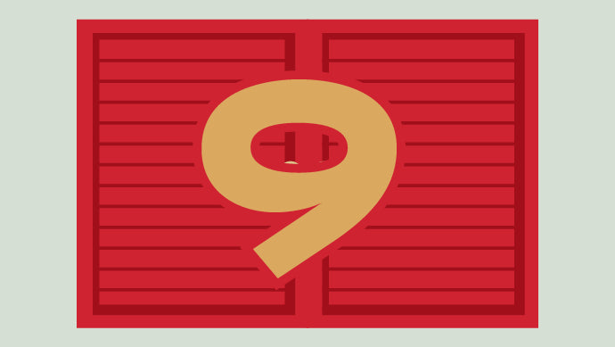 Red background with a yellow number '9'