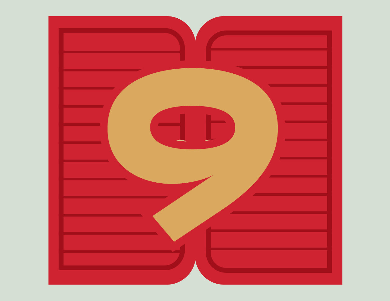 Red background with a yellow number '9'