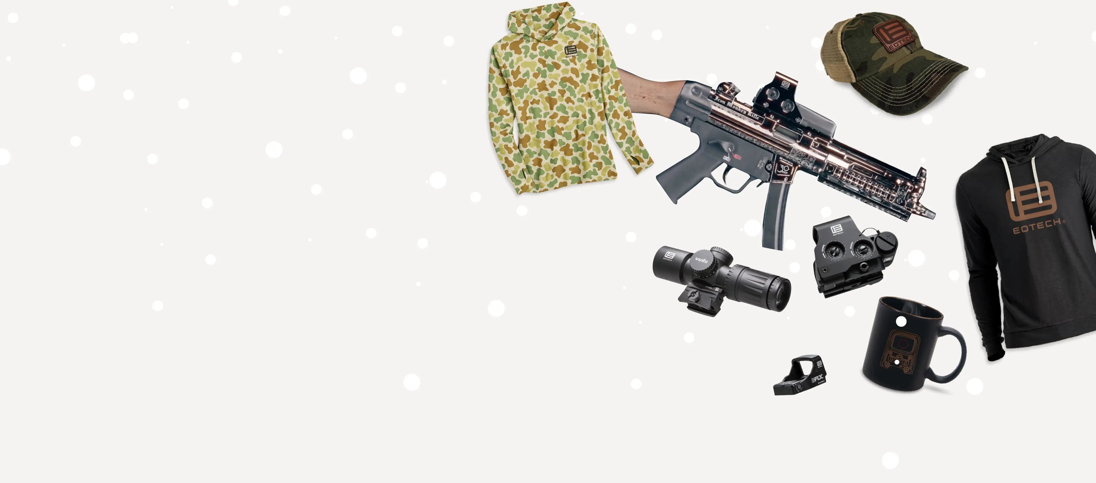 Collection of outdoor and hunting gear including a rifle, optics, and clothing on a light background