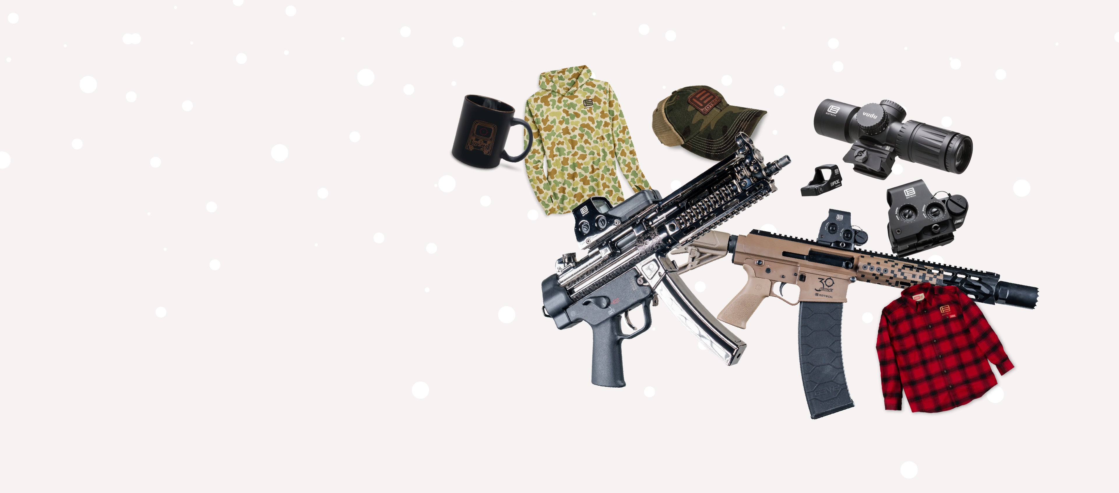 Collection of outdoor and hunting gear including a rifle, optics, and clothing on a light background