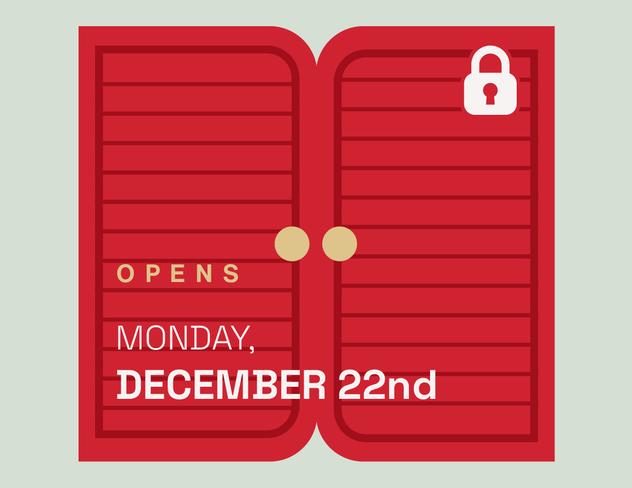 Red doors with a lock icon and text indicating an opening date on a light gray background