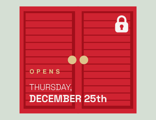 Red door with a lock icon and text 'Opens Thursday, December 25th' on a light gray background