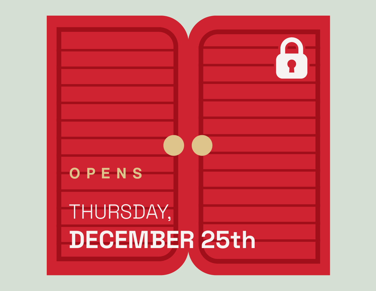 Red door with a lock icon and text 'Opens Thursday, December 25th' on a light gray background