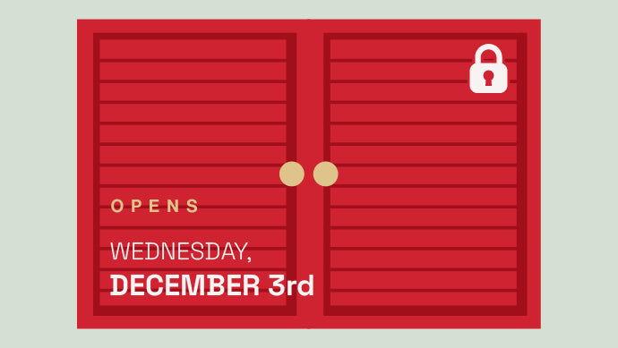 Red doors with a lock icon and text indicating opening date on a light gray background