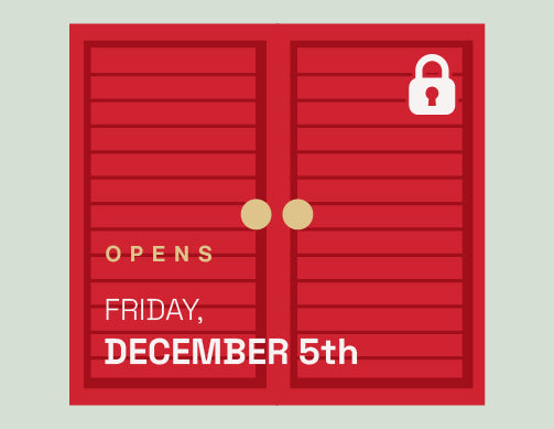 Red door with gold doorknobs and a lock icon, featuring text 'Opens Friday, December 5th' on a light gray background.