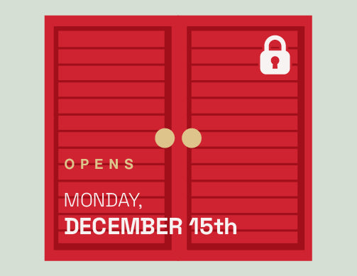 Red door with a lock icon and text 'Opens Monday, December 15th' on a light gray background