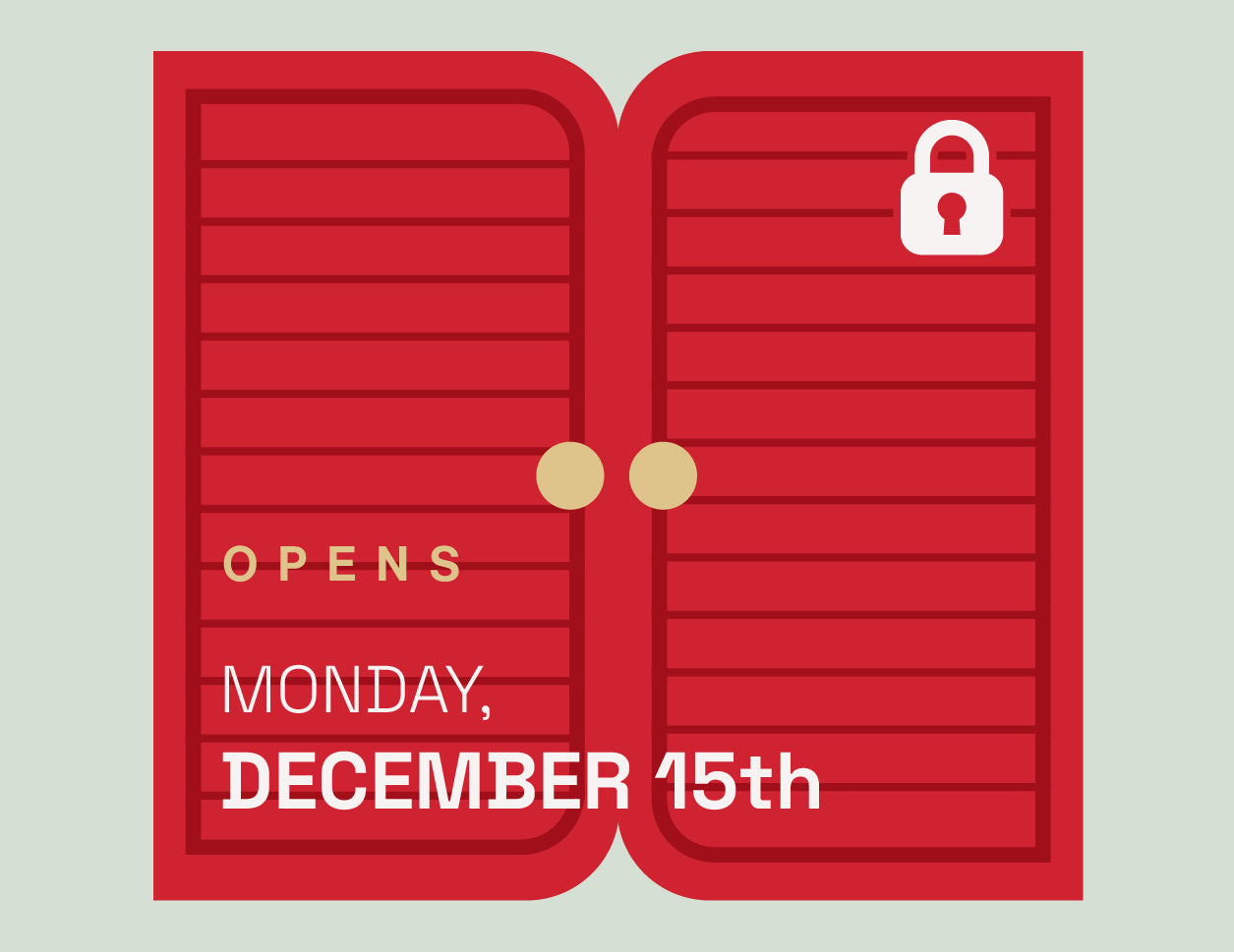 Red door with a lock icon and text 'Opens Monday, December 15th' on a light gray background