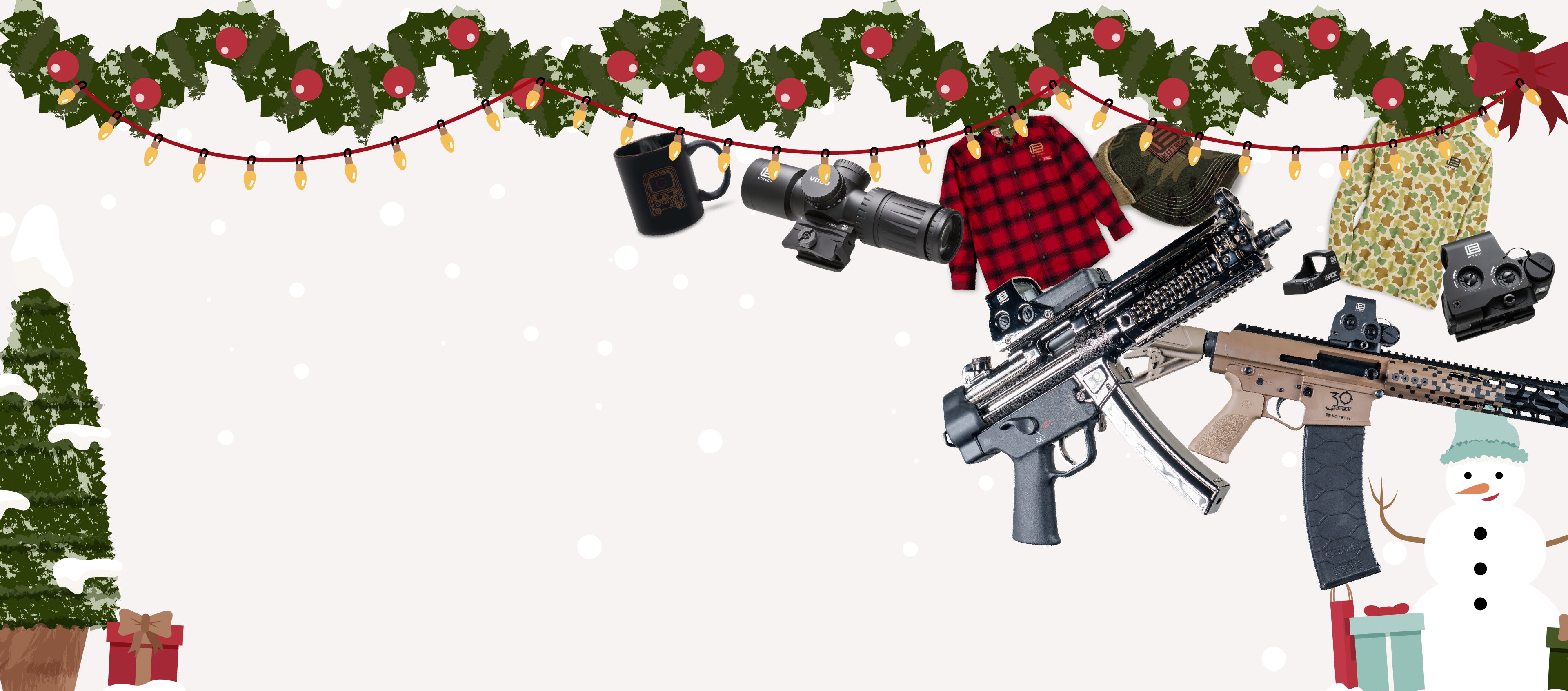 Holiday-themed items including a rifle, Christmas tree, and snowman on a white background.