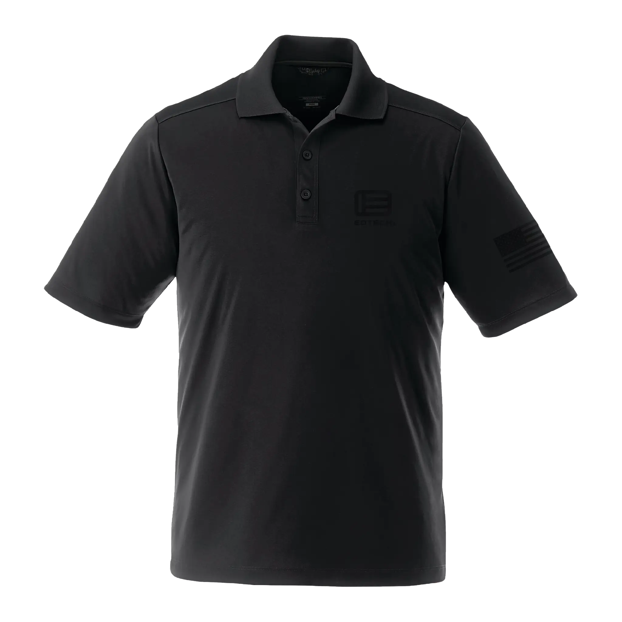 Black men polo shirt with a EOTECH logo on the chest and American Flag on the sleeve against a white background