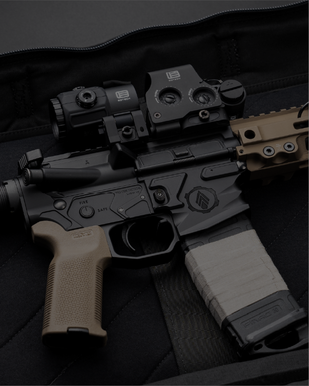 Weapon mounted with black EOTECH HWS optic and magnifier optics on a dark background