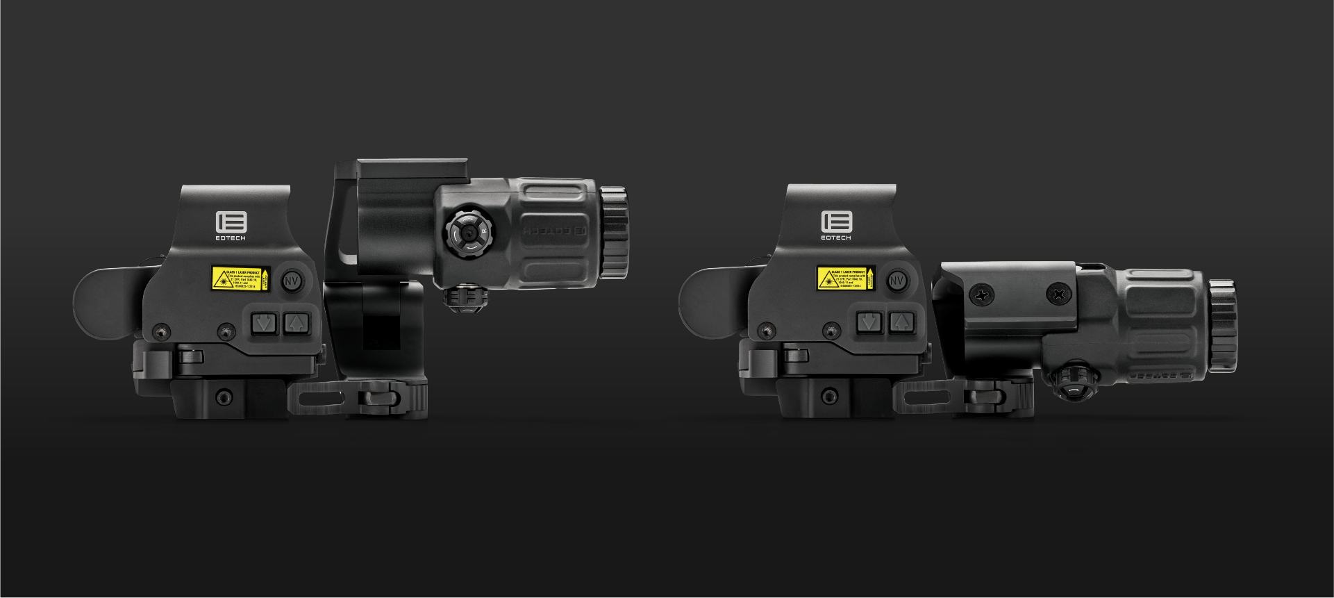 Two black EOTECH HHS STC optics and magnifiers on a dark background