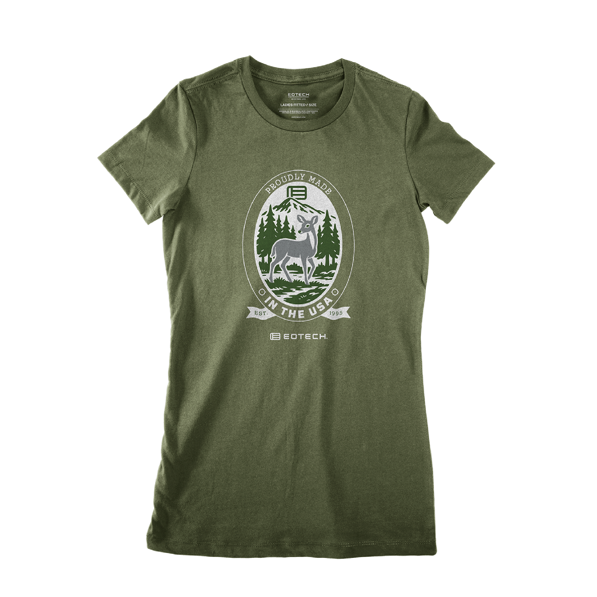 Green t-shirt with a doe in a forest graphic design on a white background
