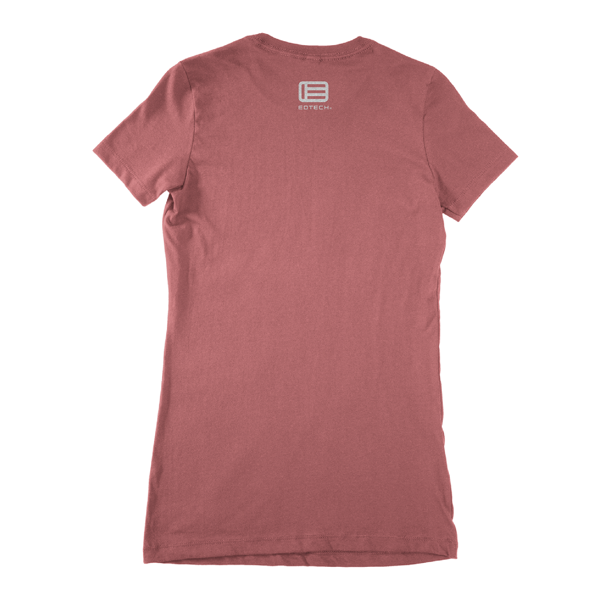 Mauve t-shirt with a logo on the back against a white background