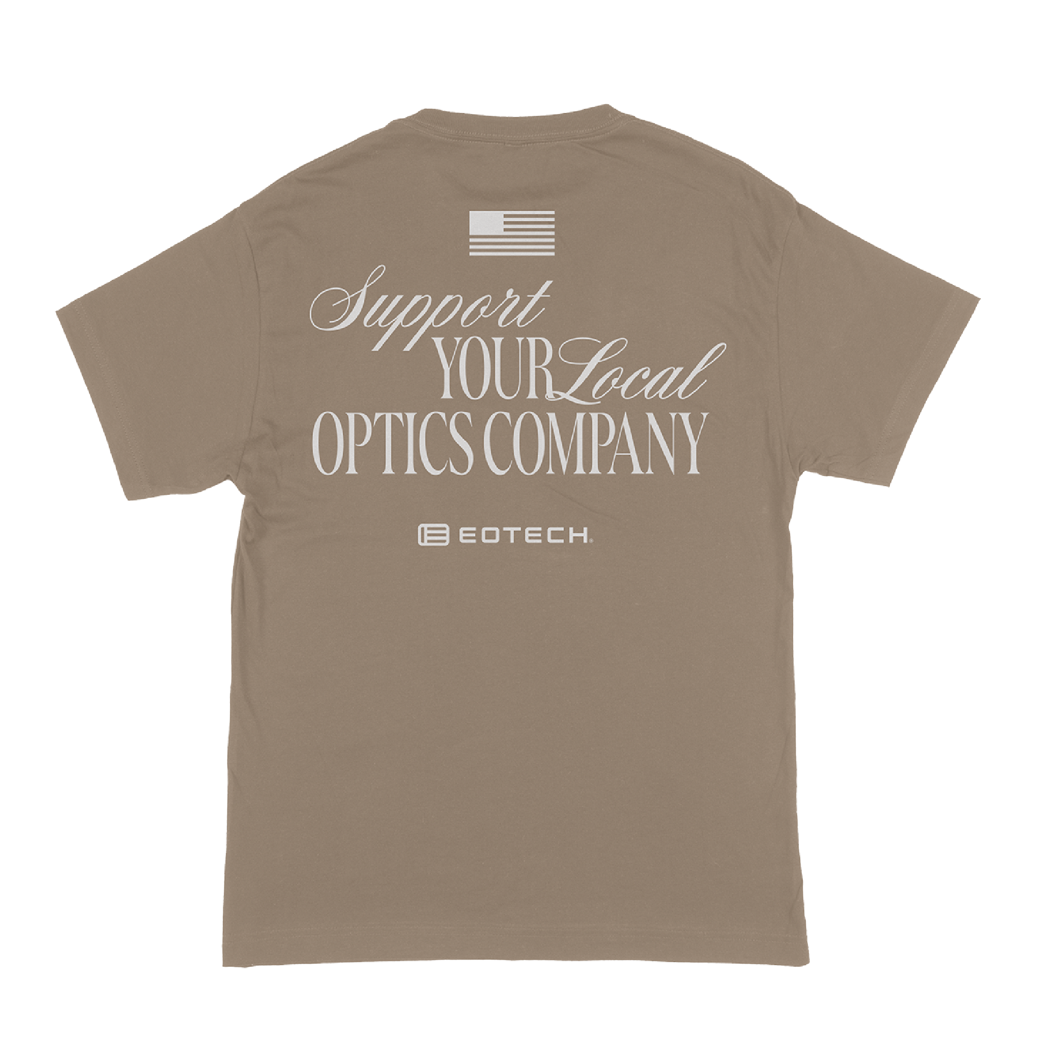 Tan t-shirt with text 'Support Your Local Optics Company' and Eotech logo on a white background