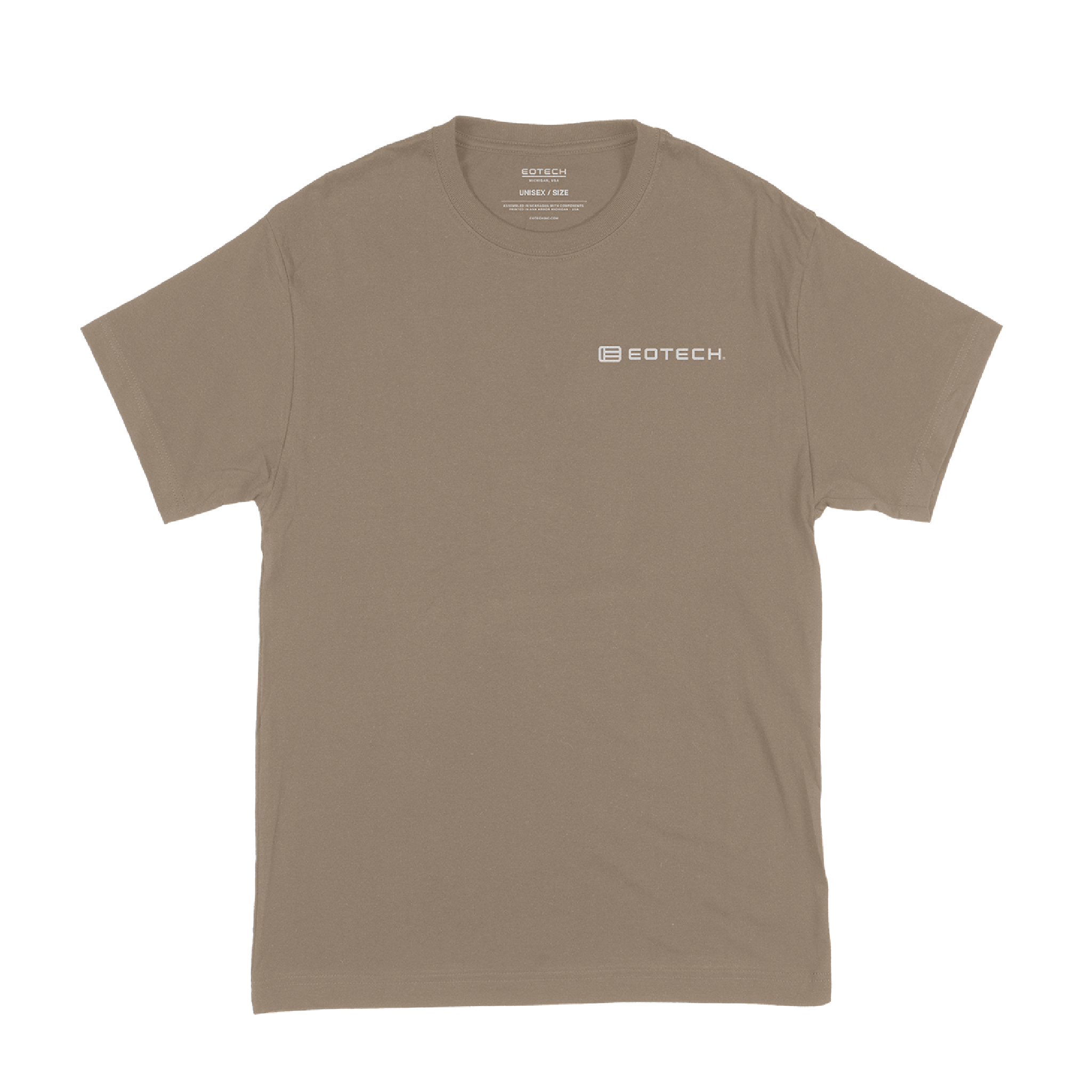 Tan t-shirt with a logo on a white background