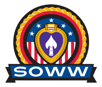 Logo with a purple heart, American flag, and 'SOWW' text on a white background