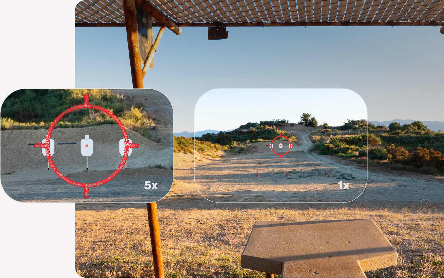 EOTECH HWS POV Shooting range with target practice and zoomed-in view of targets.