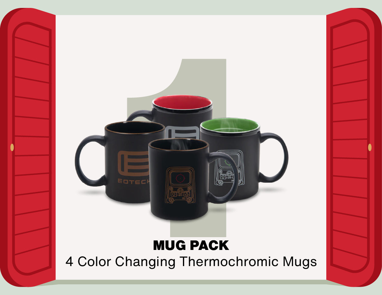 Set of four color-changing thermochromic mugs with red and green interior colors, displayed in front of a red door.