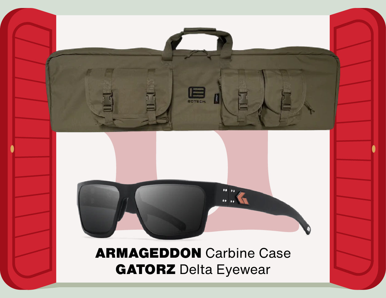 Tactical rifle case and Gatorz sunglasses with brand names on a white background