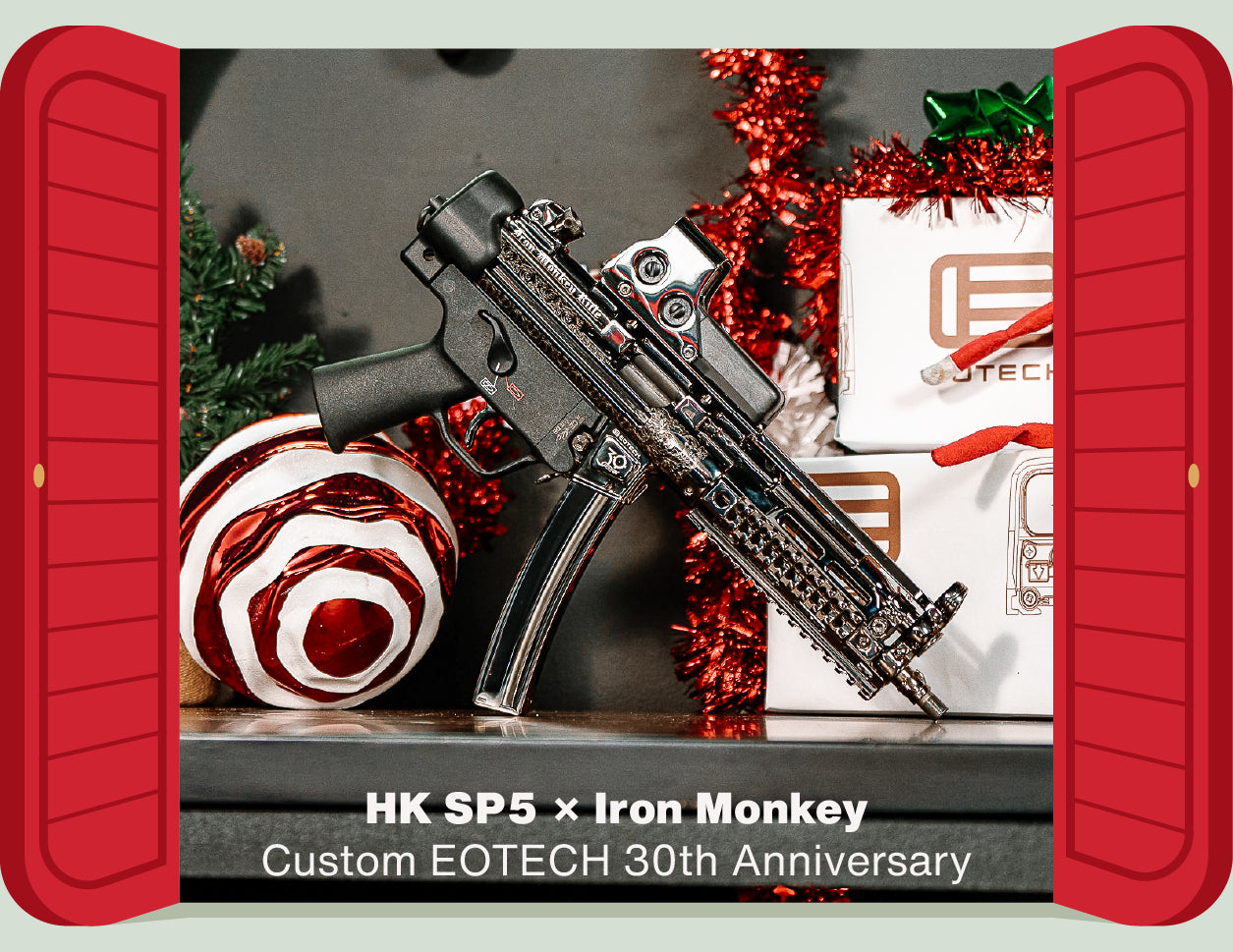 HK SP5 x Iron Monkey Custom EOTECH 30th Anniversary firearm with Christmas decorations.