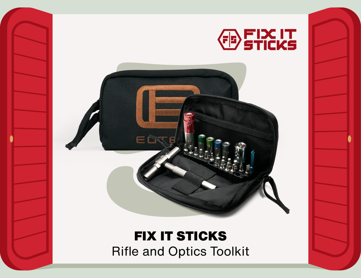 Rifle and optics toolkit with Fix It Sticks branding on a white background