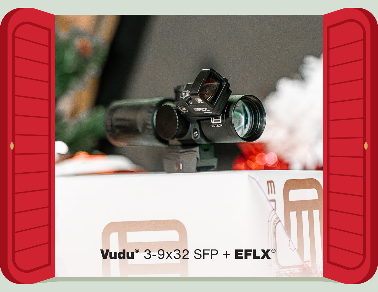 Vudu 3-9x32 SFP + EFLX binoculars on a table with a red border