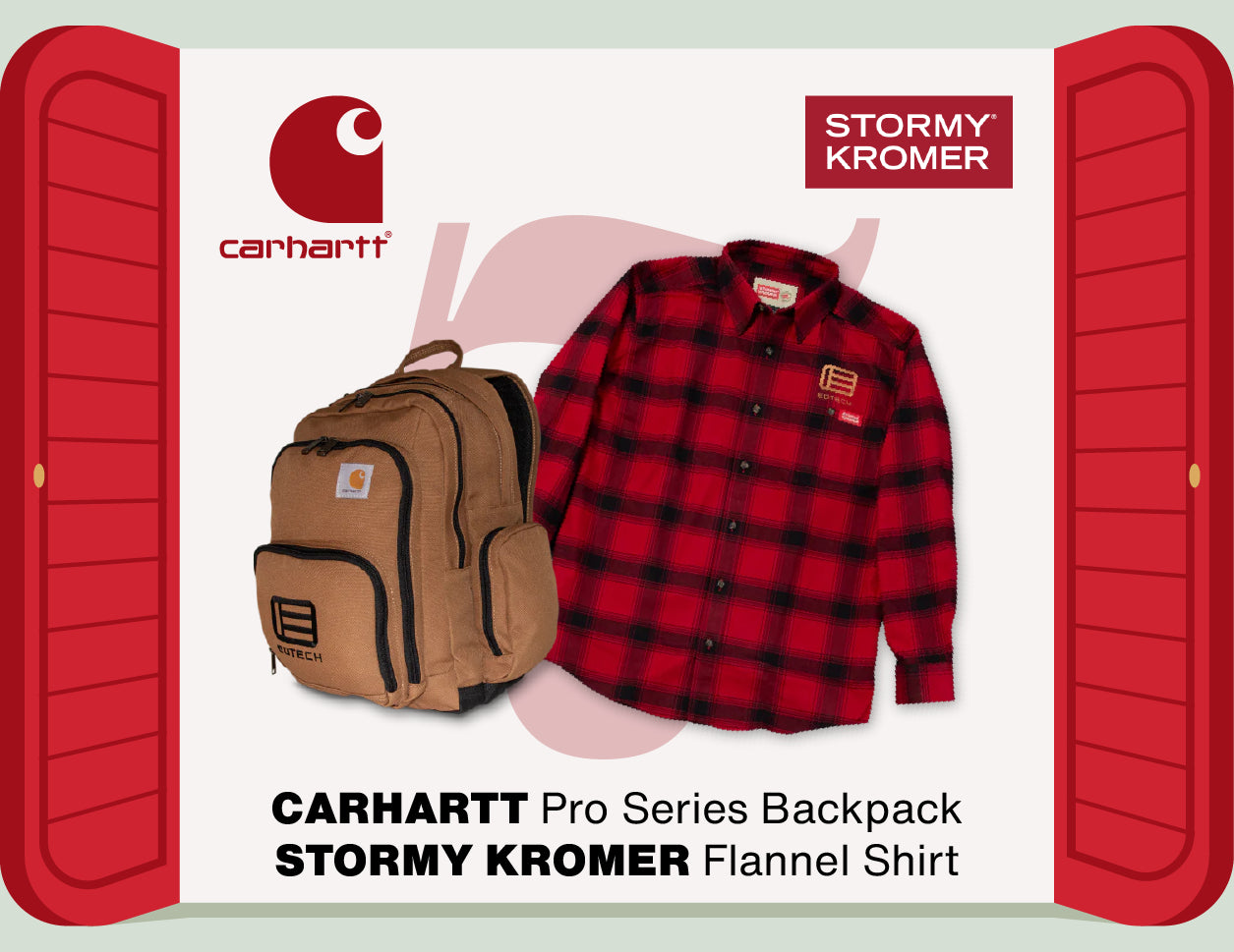 Carhartt Pro Series Backpack and Stormy Kromer Flannel Shirt on a white background with red doors.