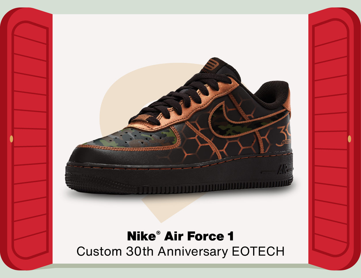 Black Nike Air Force 1 sneaker with brown accents on a white background with red doors.