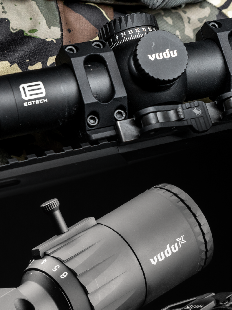 Close-up of a EOTECH Vudu scope on a camouflage background