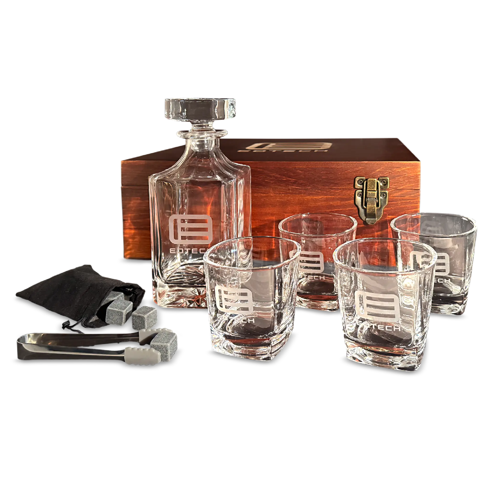 Whiskey decanter set with glasses and accessories on a white background
