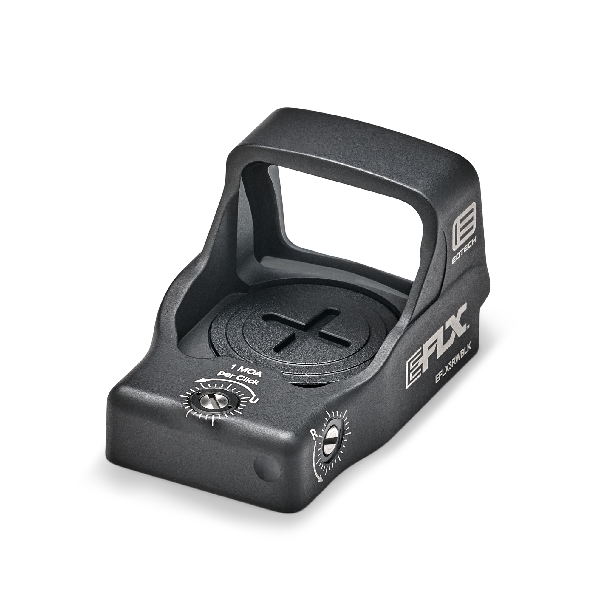 Black EOTECH EFLX sight with red dot on a white background