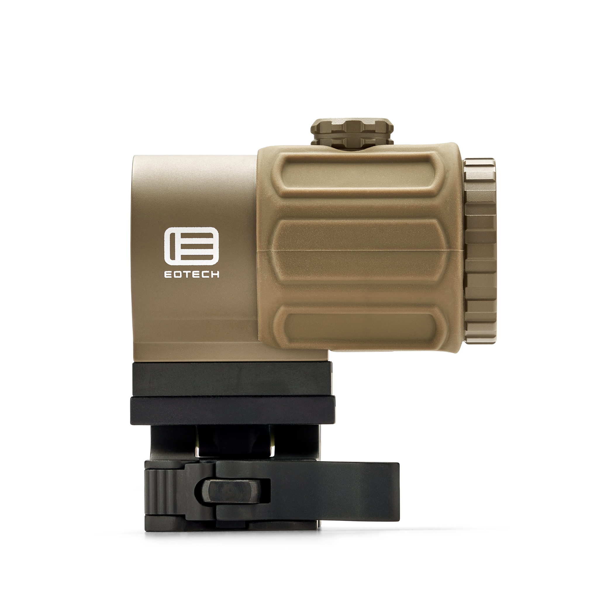 Tan EOTECH G43 magnifier side view on a white background