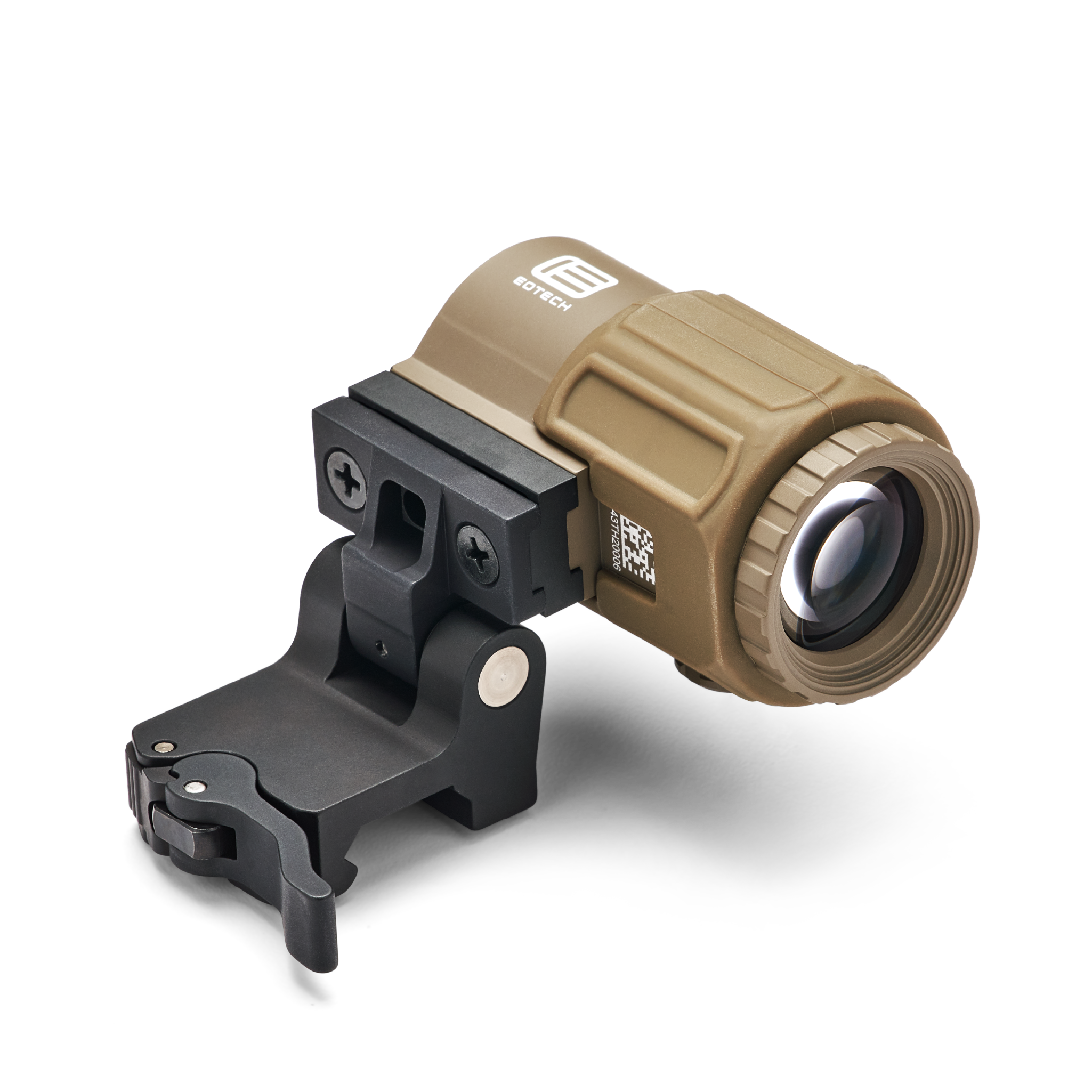 Tan EOTECH G43 magnifier switch to the side on a white background